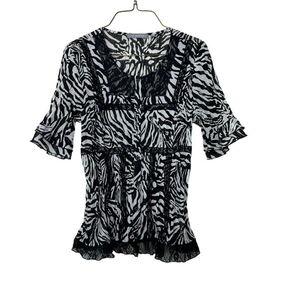 NY Collection Vintage 90s Y2K Zebra print black lace button front Blouse MEDIUM - Picture 1 of 7